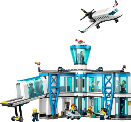 LEGO City airport terminal model with passenger airplane flying above and minifigures around the building
