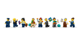 Nine LEGO City minifigures with suitcases, boarding tickets, marshalling wands, map, newspaper and croissant accessories