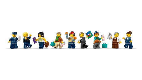 Nine LEGO City minifigures with suitcases, boarding tickets, marshalling wands, map, newspaper and croissant accessories