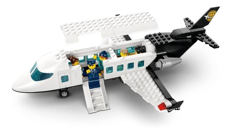 LEGO City passenger airplane with open cabin, fold-down stairs and minifigures inside