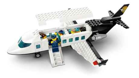 LEGO City passenger airplane with open cabin, fold-down stairs and minifigures inside