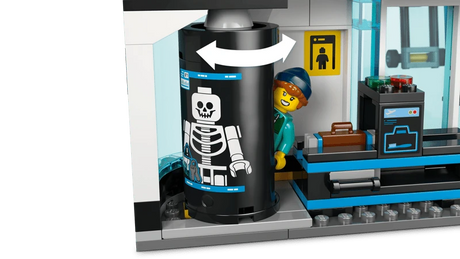 LEGO City airport security scanner with skeleton detail, suitcase on conveyor belt and minifigure beside it
