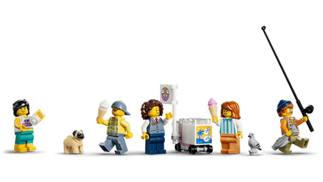 LEGO City minifigures with pug dog, ice cream stand, food accessories, surfboard and fishing rod