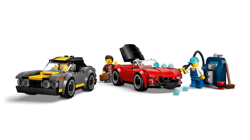 Black and yellow LEGO car, red LEGO convertible, car wash minifigures and blue vacuum station