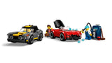 Black and yellow LEGO car, red LEGO convertible, car wash minifigures and blue vacuum station