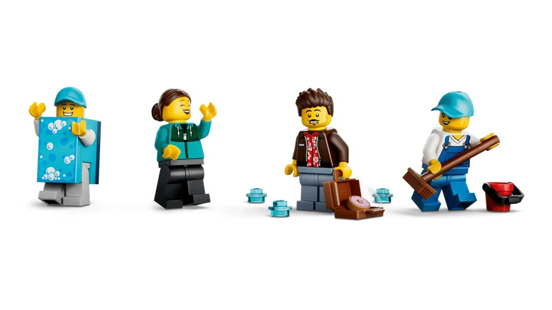 LEGO car wash minifigures with sponge costume, suitcase, bucket, sponge and blue water pieces