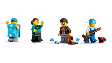 LEGO car wash minifigures with sponge costume, suitcase, bucket, sponge and blue water pieces