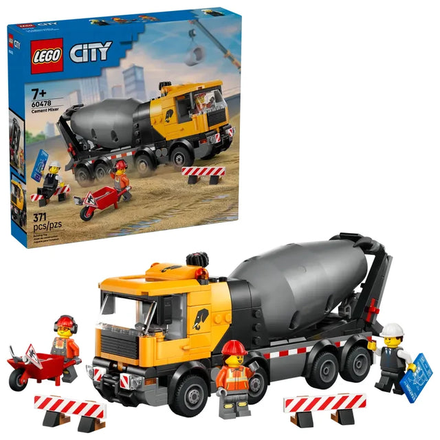 LEGO City cement mixer truck shown beside the retail box, with three construction minifigures, wheelbarrow, road barriers and road sign
