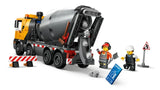 Rear view of the LEGO City cement mixer truck with drum and chute visible, alongside three construction minifigures and accessories
