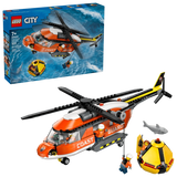 LEGO City Coast Guard Helicopter 60503 retail box front showing red helicopter, rescue capsule, shark, four minifigures, set number 60503, age 7+ and 551 pcs printed on packaging