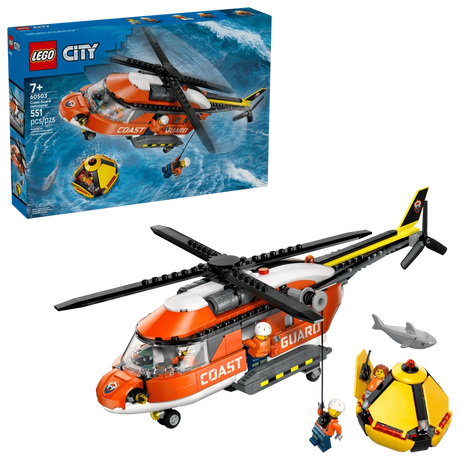 LEGO City Coast Guard Helicopter 60503 retail box front showing red helicopter, rescue capsule, shark, four minifigures, set number 60503, age 7+ and 551 pcs printed on packaging
