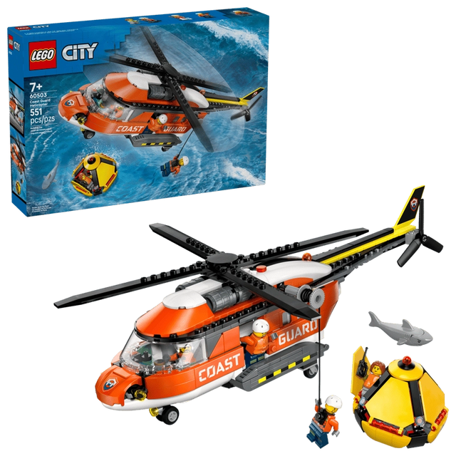 LEGO City Coast Guard Helicopter 60503 retail box front showing red helicopter, rescue capsule, shark, four minifigures, set number 60503, age 7+ and 551 pcs printed on packaging