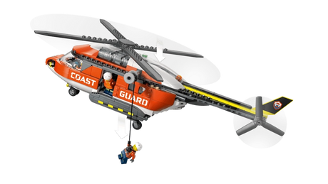 LEGO City Coast Guard Helicopter 60503 built red helicopter with main and tail rotors, sliding side door open and winch line extended from fuselage