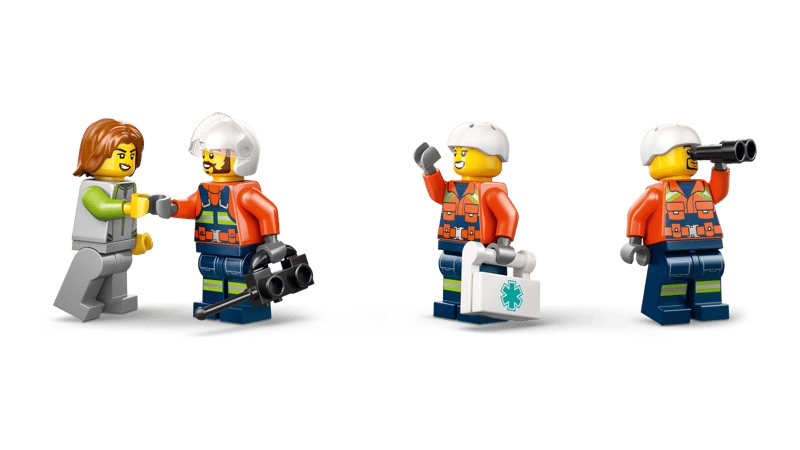 LEGO City Coast Guard Helicopter 60503 minifigures showing civilian, coast guard with walkie talkie, coast guard with medic case, and coast guard using binoculars