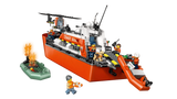LEGO City Coast Guard Rescue Boat & Helicopter 60504 rear view of floating patrol boat with helicopter on helipad and orange rescue dinghy deployed from launch ramp