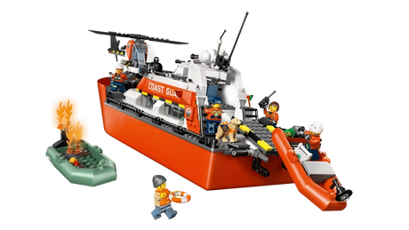 LEGO City Coast Guard Rescue Boat & Helicopter 60504 rear view of floating patrol boat with helicopter on helipad and orange rescue dinghy deployed from launch ramp
