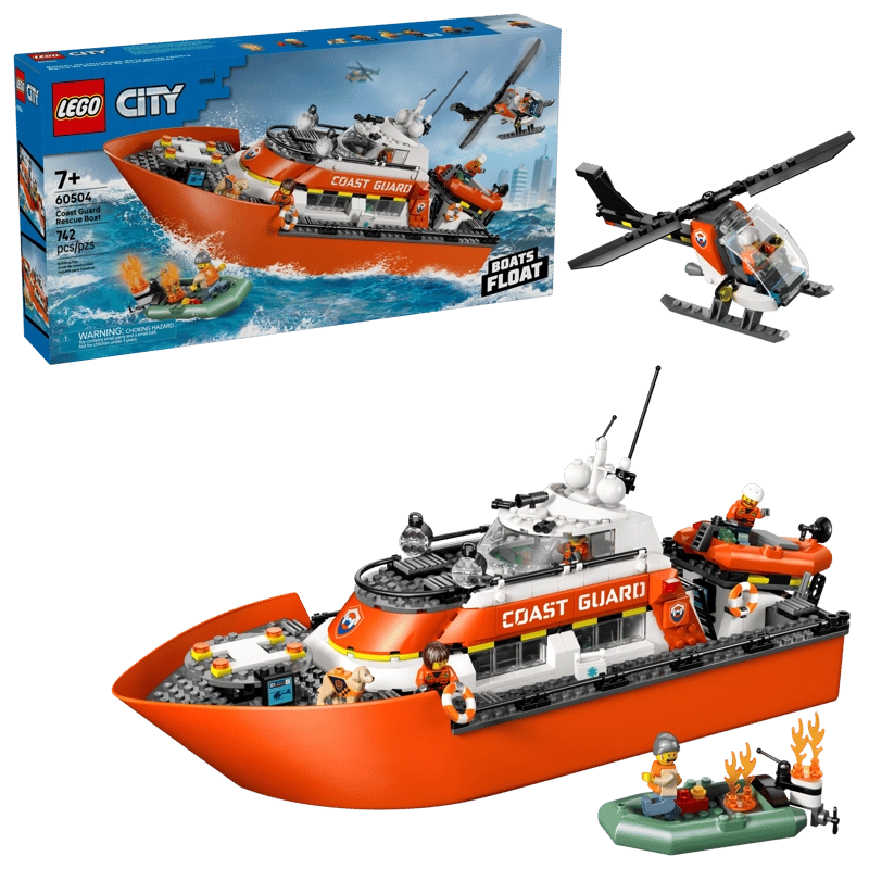 LEGO City Coast Guard Rescue Boat & Helicopter 60504 retail box beside assembled orange and white patrol boat with helicopter, dinghies, flame elements and minifigures