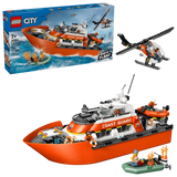 LEGO City Coast Guard Rescue Boat & Helicopter 60504 retail box beside assembled orange and white patrol boat with helicopter, dinghies, flame elements and minifigures