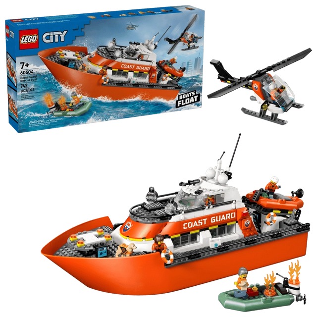 LEGO City Coast Guard Rescue Boat & Helicopter 60504 retail box beside assembled orange and white patrol boat with helicopter, dinghies, flame elements and minifigures