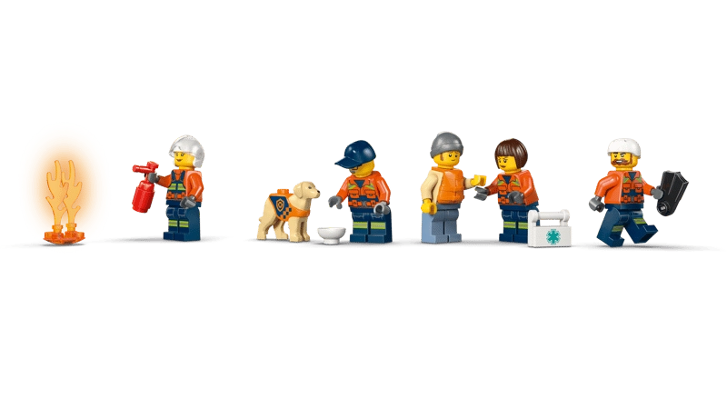 LEGO City Coast Guard Rescue Boat & Helicopter 60504 lineup of five minifigures, dog figure and flame element accessories