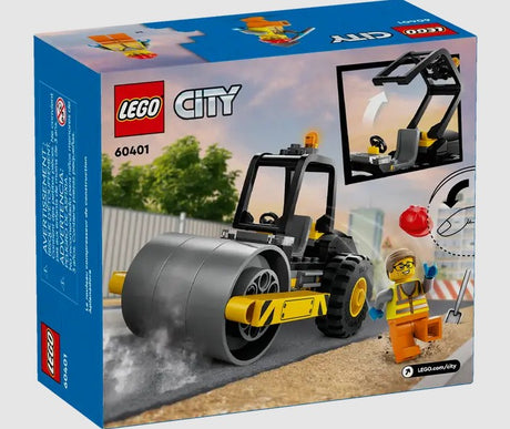 Back of LEGO City Steamroller 60401 box showing features and accessories – Ireland