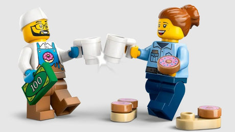 LEGO City Donut Truck 60452 minifigures celebrating with mugs and donuts in Ireland