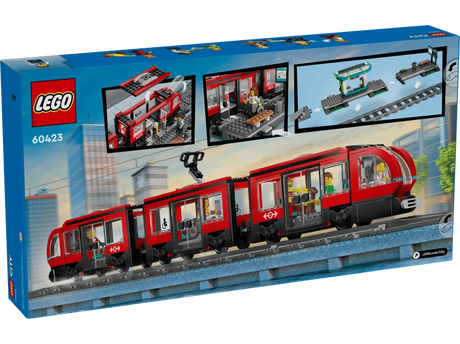 LEGO City Downtown Streetcar and Station box back showing tram, platform and removable section panels