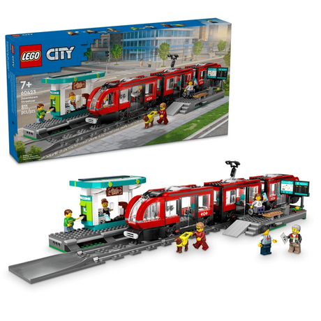 LEGO City Downtown Streetcar and Station box beside the completed red streetcar, station and minifigures