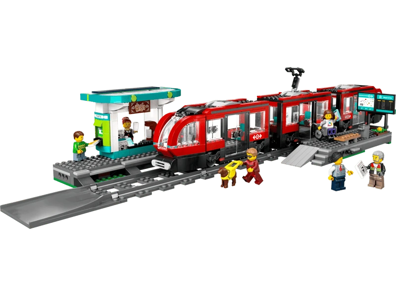 LEGO City red streetcar with station platform, coffee shop, minifigures, wheelchair and guide dog figure