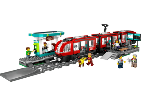 LEGO City red streetcar with station platform, coffee shop, minifigures, wheelchair and guide dog figure