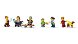 Six LEGO City minifigures with wheelchair, guide dog figure, bench, coffee cup, phone, newspaper and ticket accessories
