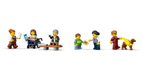 Six LEGO City minifigures with wheelchair, guide dog figure, bench, coffee cup, phone, newspaper and ticket accessories