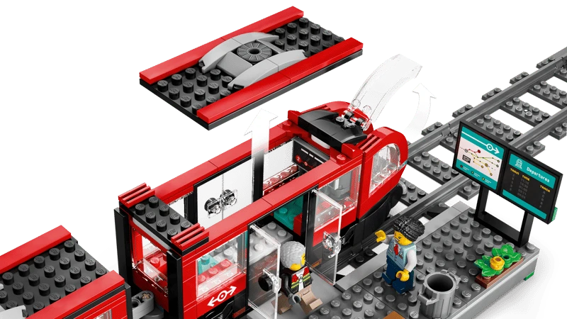 LEGO City streetcar with removable roof panel, open front door, station platform and departure signs