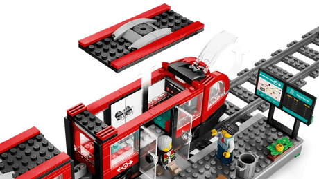 LEGO City streetcar with removable roof panel, open front door, station platform and departure signs