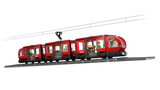 LEGO City red streetcar shown side on with overhead tram line and minifigures inside