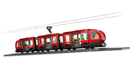 LEGO City red streetcar shown side on with overhead tram line and minifigures inside