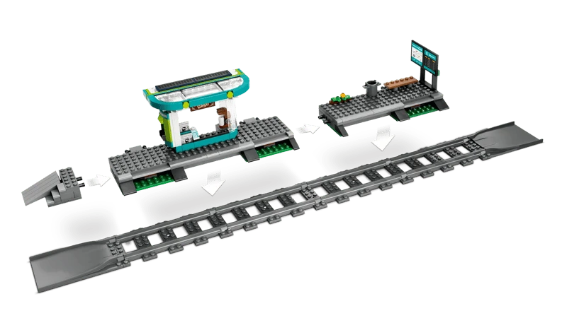 LEGO City station platform sections, track pieces and ramps shown separated with white direction arrows