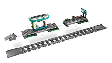 LEGO City station platform sections, track pieces and ramps shown separated with white direction arrows