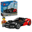 Red and black LEGO City EV Supercar model shown beside the LEGO City retail box, with a minifigure standing next to the car
