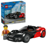 Red and black LEGO City EV Supercar model shown beside the LEGO City retail box, with a minifigure standing next to the car

