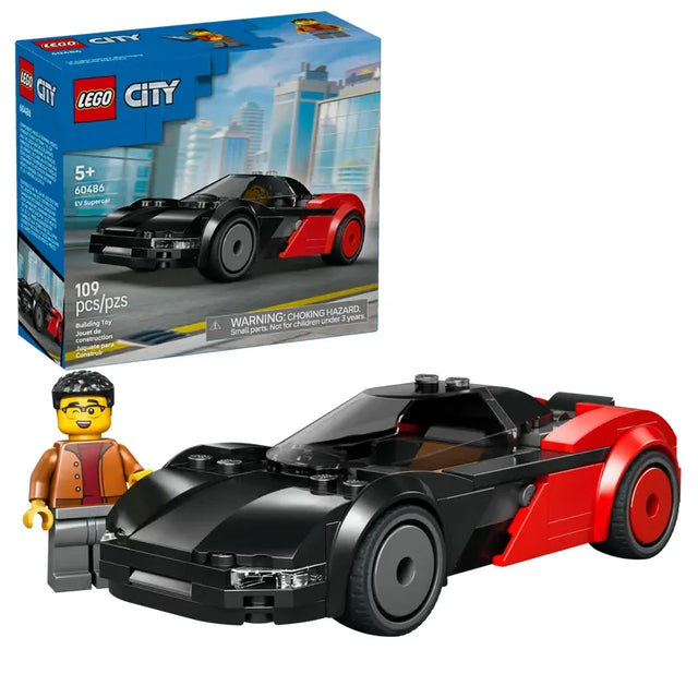 Red and black LEGO City EV Supercar model shown beside the LEGO City retail box, with a minifigure standing next to the car
