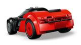 Rear angled view of the LEGO City EV Supercar showing the red rear body section and rear wheels with red outer discs