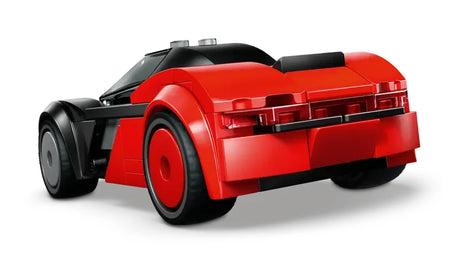 Rear angled view of the LEGO City EV Supercar showing the red rear body section and rear wheels with red outer discs