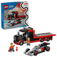 LEGO City F1 Display Truck with Audi F1 Race Car 60493 set showing black and red truck, silver Audi F1 car, three minifigures and retail box