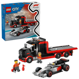LEGO City F1 Display Truck with Audi F1 Race Car 60493 set showing black and red truck, silver Audi F1 car, three minifigures and retail box