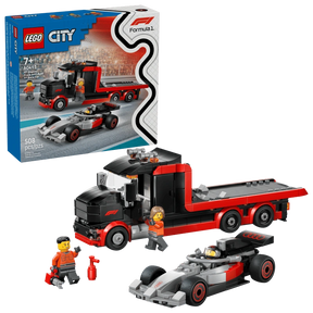 LEGO City F1 Display Truck with Audi F1 Race Car 60493 set showing black and red truck, silver Audi F1 car, three minifigures and retail box