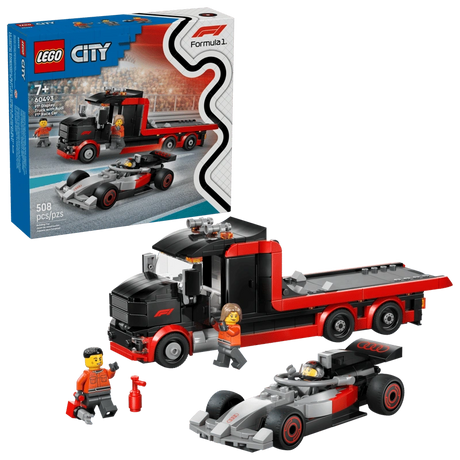 LEGO City F1 Display Truck with Audi F1 Race Car 60493 set showing black and red truck, silver Audi F1 car, three minifigures and retail box
