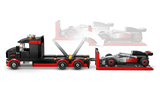 LEGO City F1 Display Truck side view with lifting platform raised and Audi F1 race car positioned for unloading