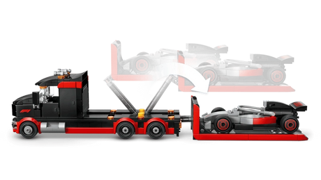 LEGO City F1 Display Truck side view with lifting platform raised and Audi F1 race car positioned for unloading