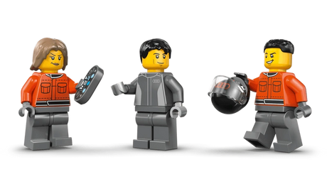 LEGO City F1 Display Truck minifigures including Audi driver in grey suit and two pit crew members in orange uniforms with helmet and tool accessories